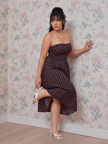 CovetEZ Plus Size Vintage Polka Dot Maxi A-Line Dress, Casual Vacation Style, Spring/Summer New Arrival,Plus Polkadot Strapless Long - Brown - View 4