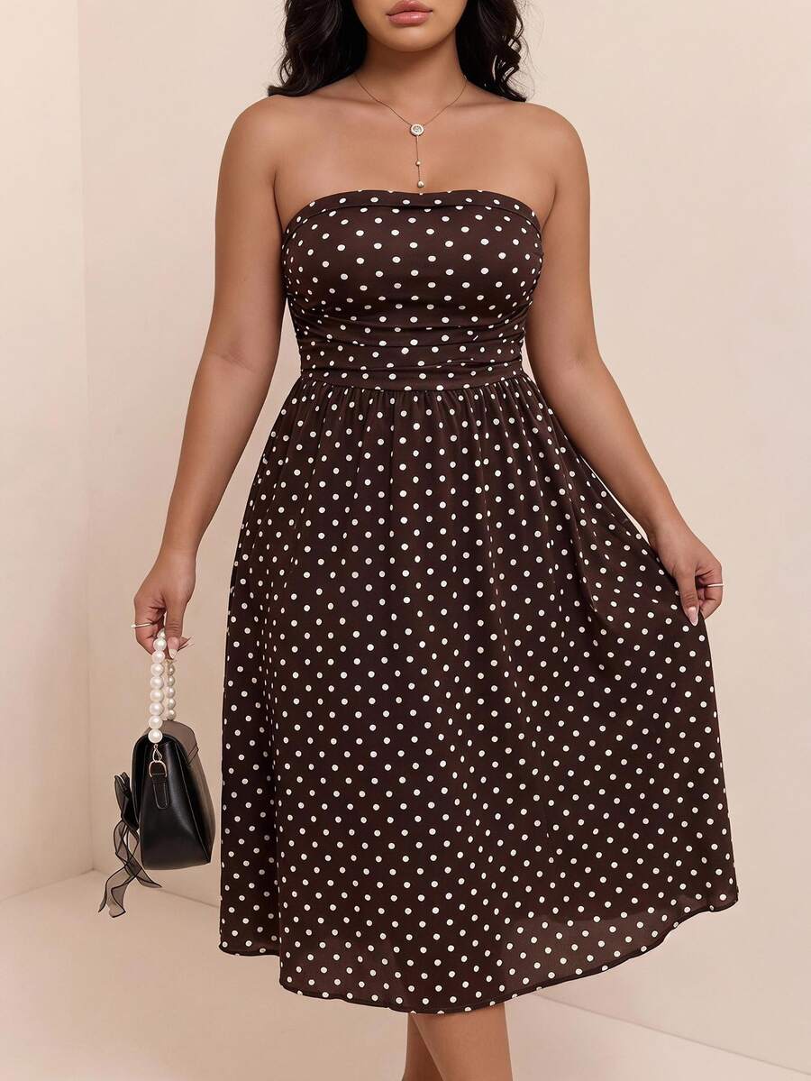 CovetEZ Plus Size Vintage Polka Dot Maxi A-Line Dress, Casual Vacation Style, Spring/Summer New Arrival,Plus Polkadot Strapless Long - Brown - View 1
