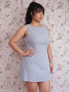 CovetEZ Plus Size Women Black & White Striped Sleeveless Mini Dress - Green - View 3