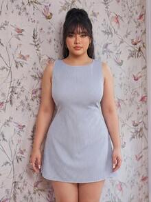 CovetEZ Plus Size Women Black & White Striped Sleeveless Mini Dress - Green - View 7