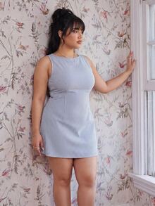 CovetEZ Plus Size Women Black & White Striped Sleeveless Mini Dress - Green - View 4