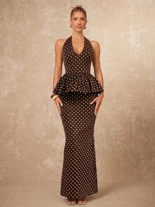 Lumalex Polka Dot Print V-Neck Halter Tie Ruffle Hem Top And Low Waist Mermaid Hem Skirt 2 Pieces Set For Women - Brown - View 3