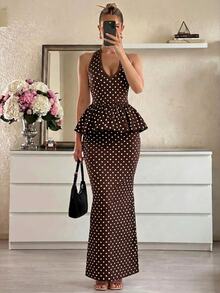 Lumalex Polka Dot Print V-Neck Halter Tie Ruffle Hem Top And Low Waist Mermaid Hem Skirt 2 Pieces Set For Women - Brown - View 1