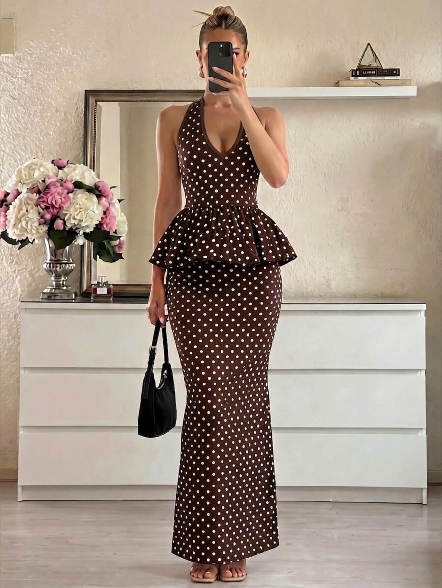 Lumalex Polka Dot Print V-Neck Halter Tie Ruffle Hem Top And Low Waist Mermaid Hem Skirt 2 Pieces Set For Women - Brown - View 1