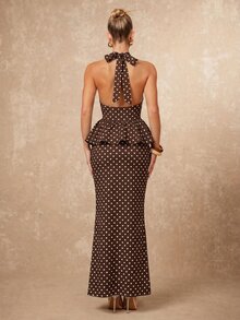 Lumalex Polka Dot Print V-Neck Halter Tie Ruffle Hem Top And Low Waist Mermaid Hem Skirt 2 Pieces Set For Women - Brown - View 2