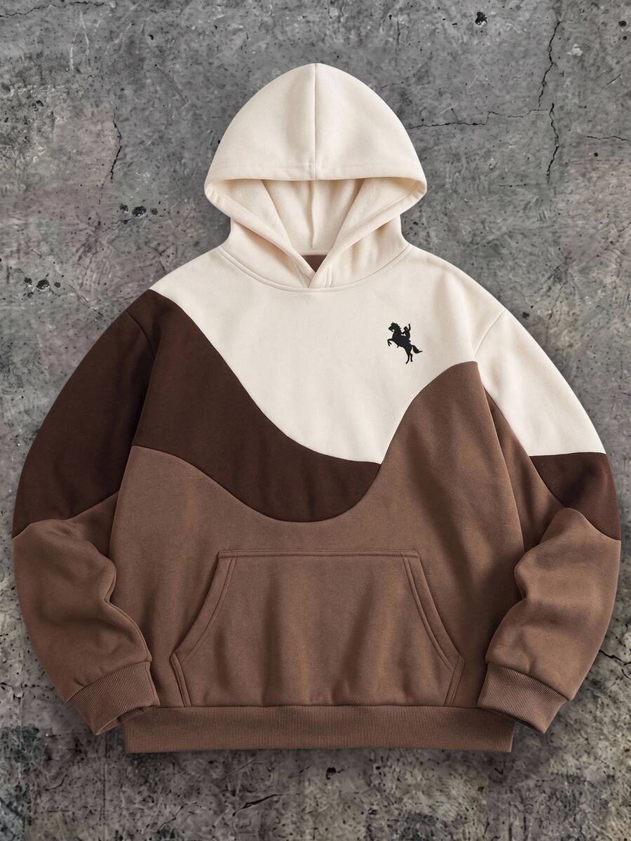 SHEIN 青少年男款休閒純色棕色寬鬆連帽衛衣 - 棕色 - 查看 1