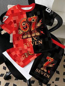 Boys' Summer Black And Red Cartoon Flame Print Set Checkerboard Pattern Short Sleeved T-Shirt Shorts Streetwear Back-To-School School - Multicolor - View 10