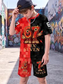 Boys' Summer Black And Red Cartoon Flame Print Set Checkerboard Pattern Short Sleeved T-Shirt Shorts Streetwear Back-To-School School - Multicolor - View 5