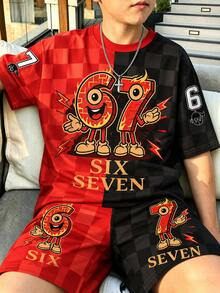 Boys' Summer Black And Red Cartoon Flame Print Set Checkerboard Pattern Short Sleeved T-Shirt Shorts Streetwear Back-To-School School - Multicolor - View 3