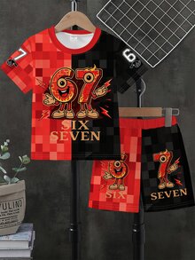 Boys' Summer Black And Red Cartoon Flame Print Set Checkerboard Pattern Short Sleeved T-Shirt Shorts Streetwear Back-To-School School - Multicolor - View 6