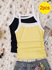 SHEIN Sparklyn 2件套女童休闲百搭吊带背心，紧身撞色针织吊带背心，适合休闲外出、度假及各种场合 - 彩色 - 查看 1