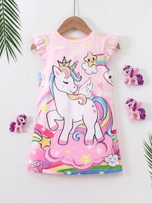 SHEIN Young Girl Cartoon Unicorn Printed Cap Sleeve Dress,Holiday,Summer,Travel - Multicolor - View 5
