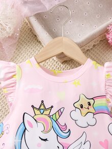 SHEIN Young Girl Cartoon Unicorn Printed Cap Sleeve Dress,Holiday,Summer,Travel - Multicolor - View 8