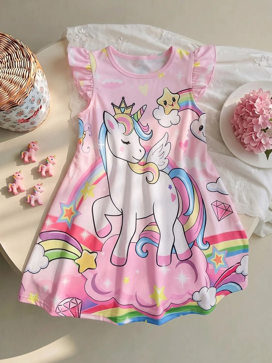 SHEIN Young Girl Cartoon Unicorn Printed Cap Sleeve Dress,Holiday,Summer,Travel