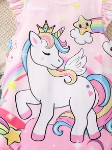 SHEIN Young Girl Cartoon Unicorn Printed Cap Sleeve Dress,Holiday,Summer,Travel - Multicolor - View 10