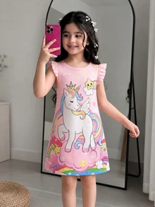 SHEIN Young Girl Cartoon Unicorn Printed Cap Sleeve Dress,Holiday,Summer,Travel - Multicolor - View 3