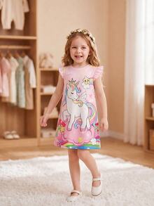 SHEIN Young Girl Cartoon Unicorn Printed Cap Sleeve Dress,Holiday,Summer,Travel - Multicolor - View 6