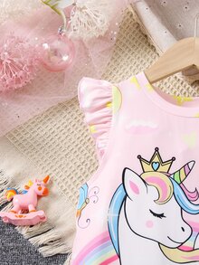 SHEIN Young Girl Cartoon Unicorn Printed Cap Sleeve Dress,Holiday,Summer,Travel - Multicolor - View 9