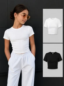 Teen Girls Girls Black And White Summer Casual Beach Back-To-School Long Sleeve Shirt,White Collar Cuffs,Black Vest,High Collar Beads,Fitted Pants,Sim - Black and White - View 2