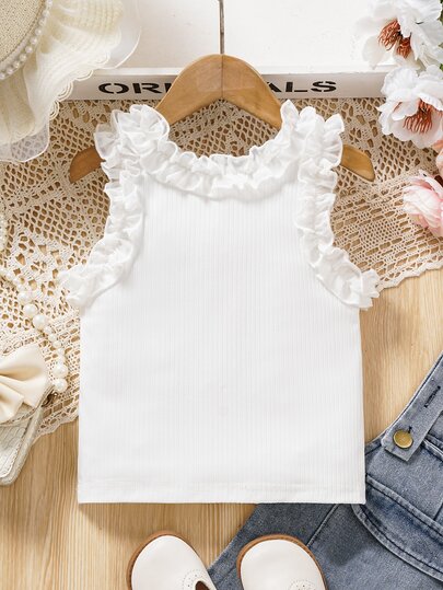SHEIN Genkimix Kids Young Girls Fashionable Solid Color Ruffled Tank Top For Summer