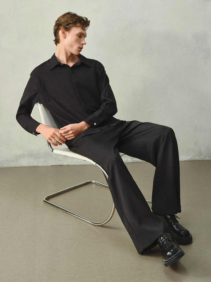 RONVEXI Men's Casual Classy Versatile Solid Color Long Sleeve Structural Edition Shirt,Cargo/ Work Office Black Summer - Black - View 1