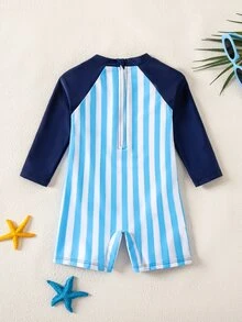 Baju Renang Bayi Laki-laki Motif Kura-kura Laut Lucu Garis Biru Putih Lengan Panjang, Baju Renang Pantai untuk Liburan Musim Panas untuk Balita - Biru - View 5