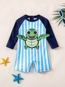 Baju Renang Bayi Laki-laki Motif Kura-kura Laut Lucu Garis Biru Putih Lengan Panjang, Baju Renang Pantai untuk Liburan Musim Panas untuk Balita - Biru - View 2
