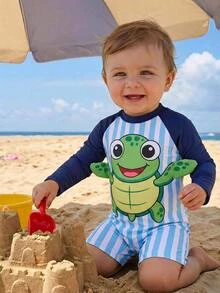 Baju Renang Bayi Laki-laki Motif Kura-kura Laut Lucu Garis Biru Putih Lengan Panjang, Baju Renang Pantai untuk Liburan Musim Panas untuk Balita - Biru - View 1