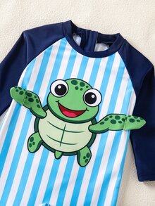 Baju Renang Bayi Laki-laki Motif Kura-kura Laut Lucu Garis Biru Putih Lengan Panjang, Baju Renang Pantai untuk Liburan Musim Panas untuk Balita - Biru - View 3