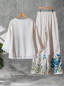 SHEIN LUNE 大码女式度假花卉印花撞色蕾丝边七分袖上衣和阔腿裤两件套，春夏 - 彩色 - 查看 2