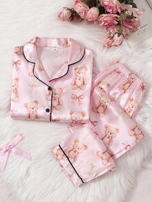 女童粉色可愛蝴蝶結印花翻領開襟長袖上衣與休閒長褲舒適兩件式居家服套裝 - 粉色 - 查看 3
