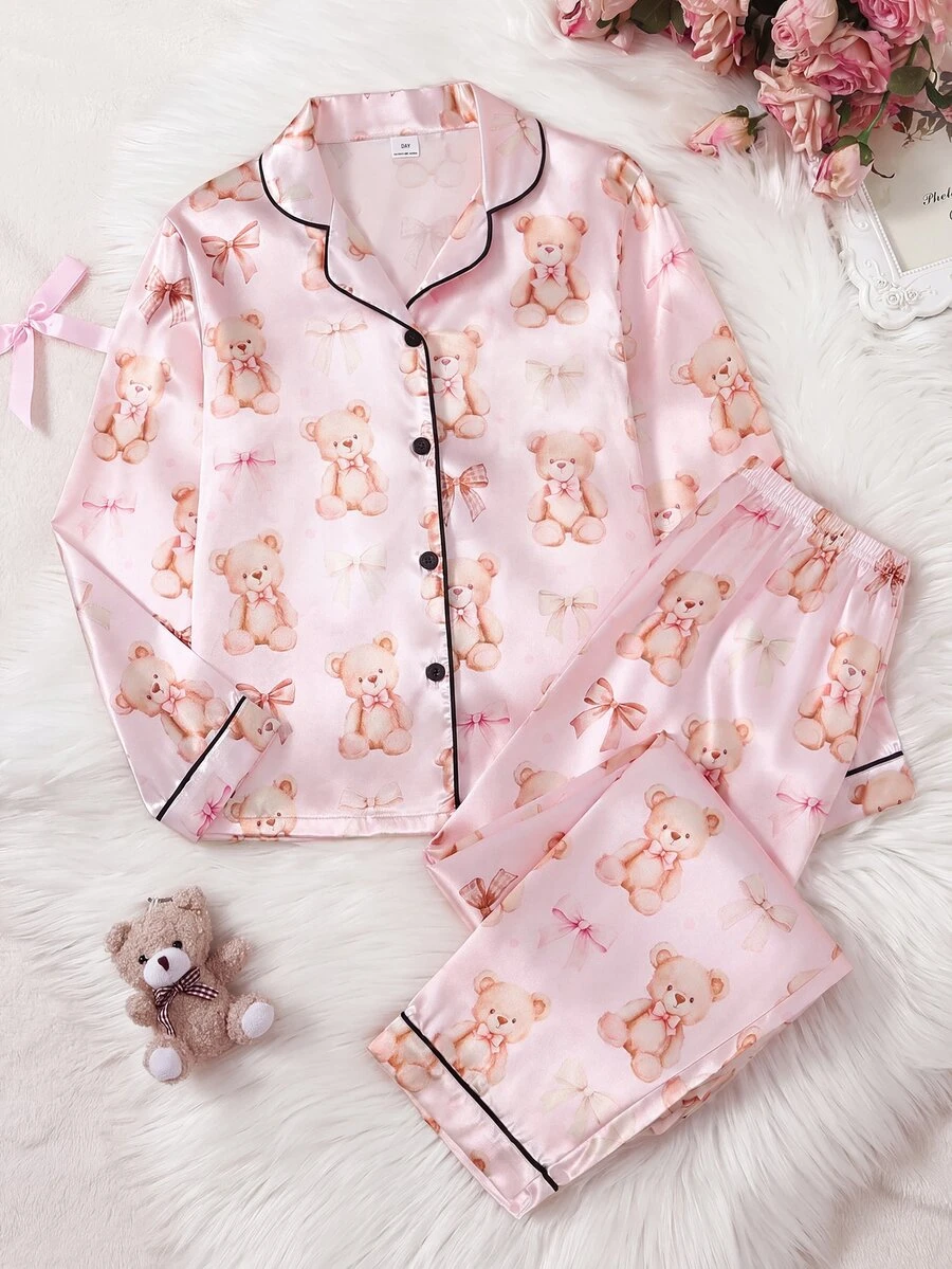 Girls Pink Cute Bow Print Lapel Open Front Long Sleeve Top And Casual Long Pants Comfortable 2 Pieces Loungewear Set - Pink - View 1