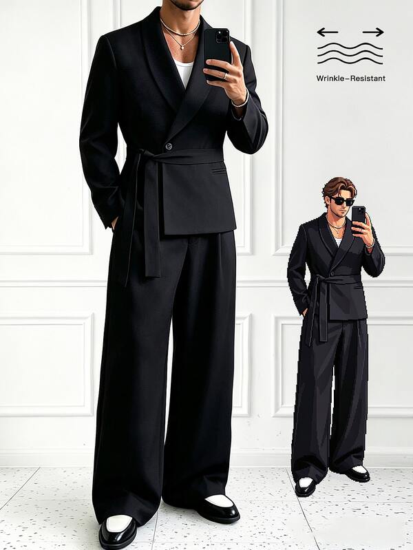 HUEFORM Men's Old Money Black Casual Wrinkle-Resistant Lace-Up Waist-Cinching Blazer And Wide-Leg Suit Pants Set,Suitable For Creating Layered Outfit For Men