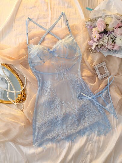 DelicateAllure 2pcs Light Blue Lace Patchwork Deep V-Neck Criss-Cross Sheer Romantic Elegant Nightgown For Women