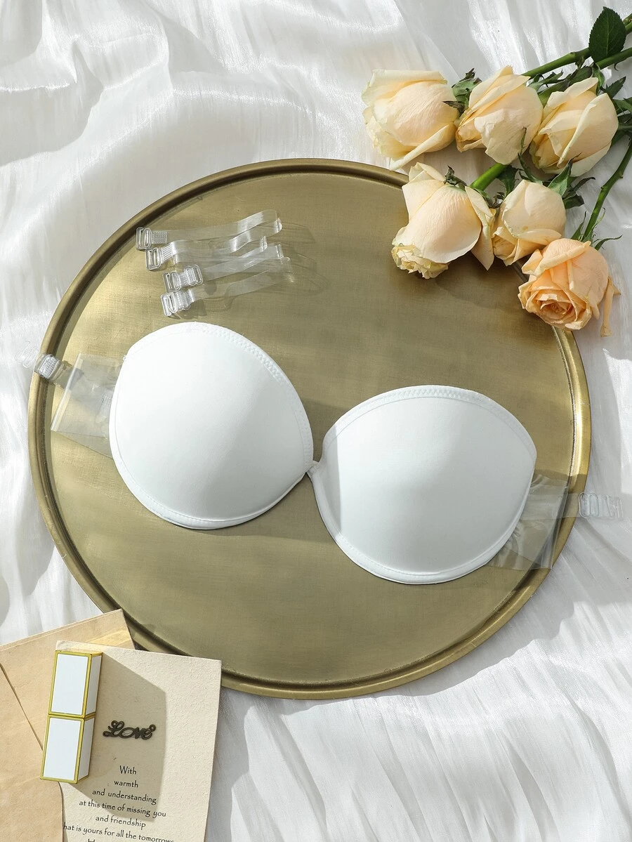 Bralution Women's Solid Color Bra Detachable Transparent Straps Bra Strapless Bra - White - View 1