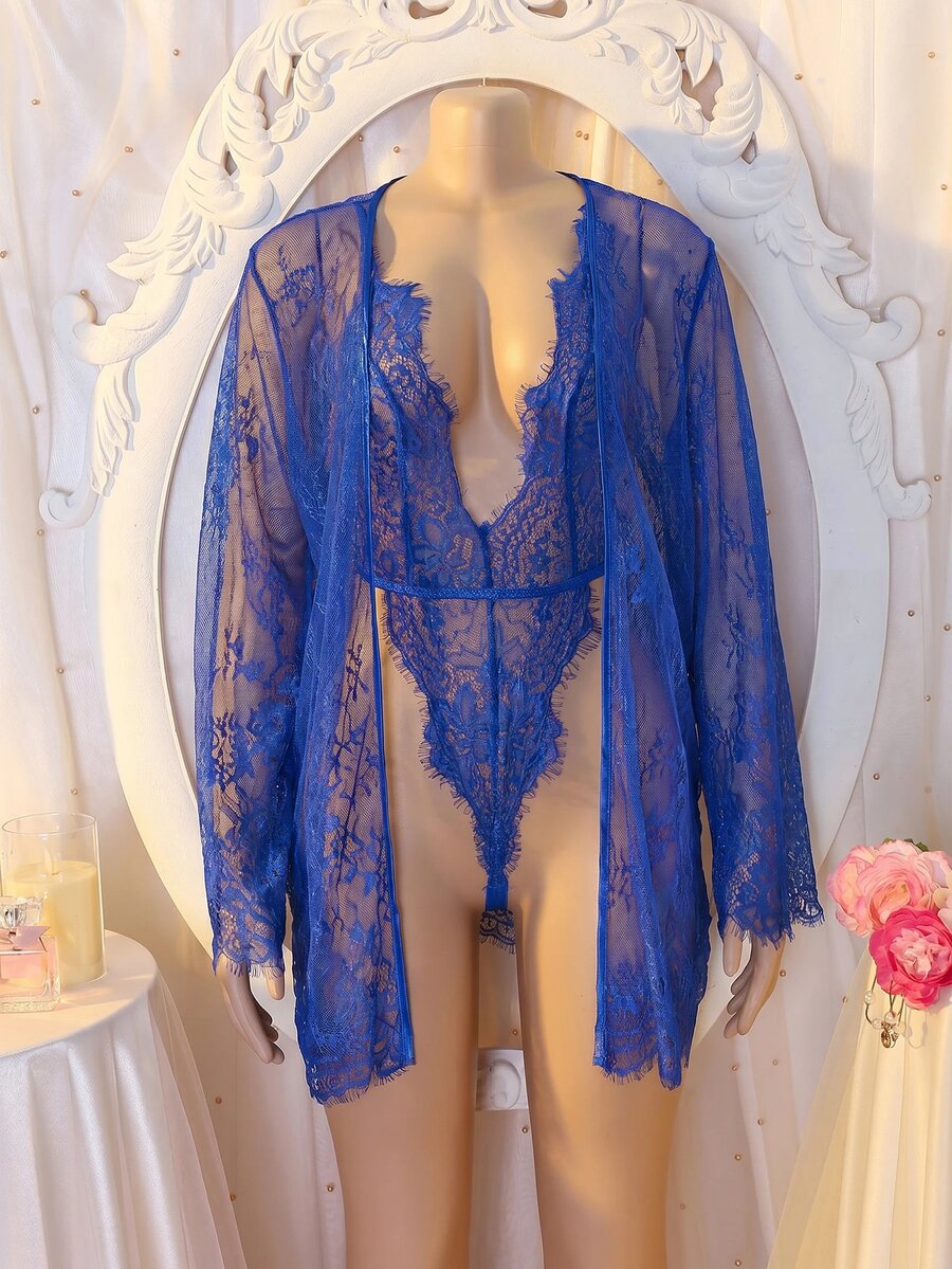 DelicateAllure 女士性感蓝色蕾丝外出内衣套装 - 寶藍色 - 查看 1