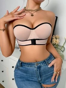 Women's Contrast Trim Front Closure Strapless Bra - Apricot - View 6