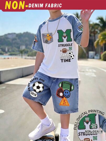 SHEIN Teen Boy Letter Print Short Sleeve T-Shirt And Shorts Set
