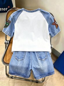 SHEIN 青少年男孩字母印花短袖T恤與短褲套裝 - 彩色 - 查看 2