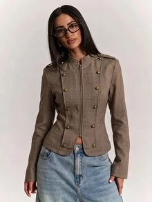 SHEIN BAE Women's Woven Striped Commuter Versatile Design Small Stand Collar Cinched Waist Short Long Sleeve Jacket - Khaki - View 3