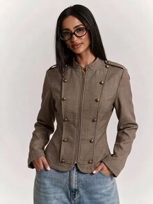 SHEIN BAE Women's Woven Striped Commuter Versatile Design Small Stand Collar Cinched Waist Short Long Sleeve Jacket - Khaki - View 4