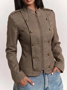 SHEIN BAE Women's Woven Striped Commuter Versatile Design Small Stand Collar Cinched Waist Short Long Sleeve Jacket - Khaki - View 5