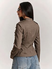 SHEIN BAE Women's Woven Striped Commuter Versatile Design Small Stand Collar Cinched Waist Short Long Sleeve Jacket - Khaki - View 2