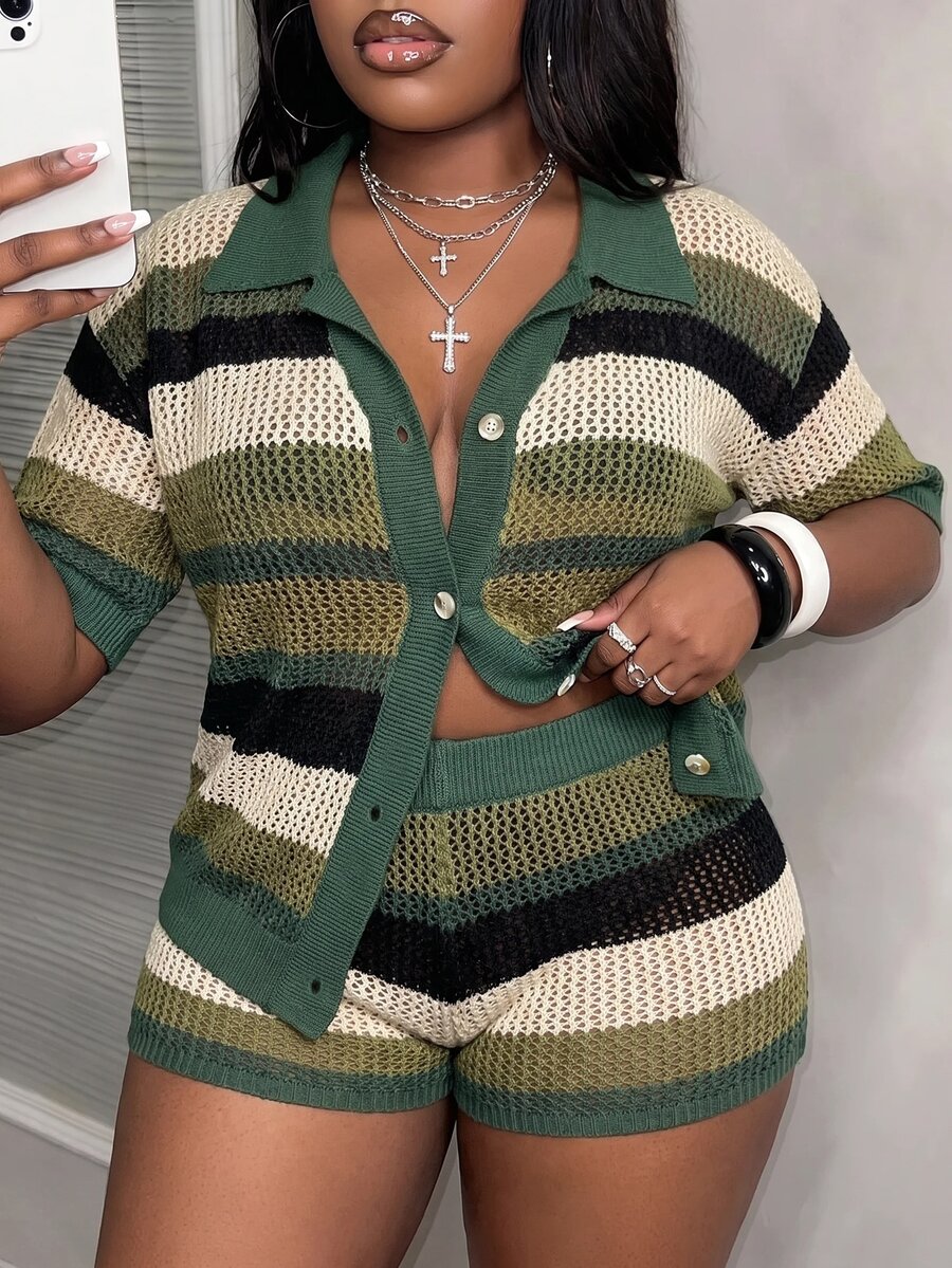 Slaydiva New Loose Shirtcollar Open Front Short Sleeve Shorts Green Colorblock Plus Size Women 2pcs Autumn Knitted Casual Vacation Suit Set-A In Beach Bussines - Multicolor - View 1
