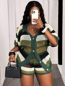 Slaydiva New Loose Shirtcollar Open Front Short Sleeve Shorts Green Colorblock Plus Size Women 2pcs Autumn Knitted Casual Vacation Suit Set-A In Beach Bussines - Multicolor - View 8