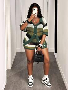 Slaydiva New Loose Shirtcollar Open Front Short Sleeve Shorts Green Colorblock Plus Size Women 2pcs Autumn Knitted Casual Vacation Suit Set-A In Beach Bussines - Multicolor - View 6