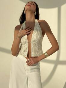 Aloruh Elegant Off-White Women's Halter Neck Textured Woven Lace Camisole,Boho Summer Beach Vacation Holiday Top,Tropical Wedding Season Outfits,Holiday - Apricot - View 3