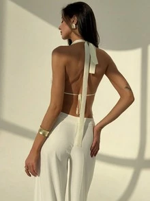 Aloruh Elegant Off-White Women's Halter Neck Textured Woven Lace Camisole,Boho Summer Beach Vacation Holiday Top,Tropical Wedding Season Outfits,Holiday - Apricot - View 2