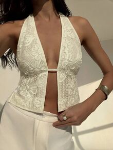 Aloruh Elegant Off-White Women's Halter Neck Textured Woven Lace Camisole,Boho Summer Beach Vacation Holiday Top,Tropical Wedding Season Outfits,Holiday - Apricot - View 6
