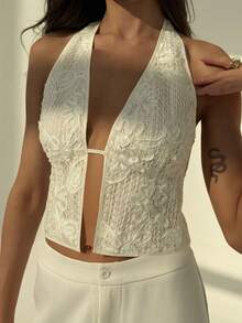 Aloruh Elegant Off-White Women's Halter Neck Textured Woven Lace Camisole,Boho Summer Beach Vacation Holiday Top,Tropical Wedding Season Outfits,Holiday - Apricot - View 7